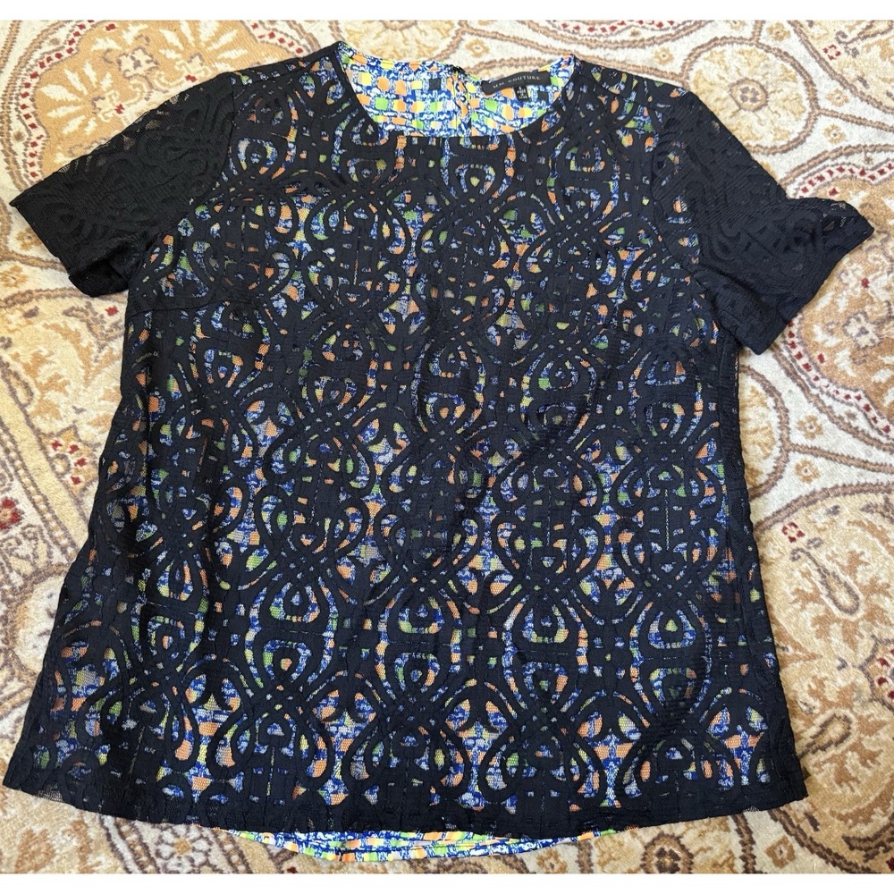 MM Couture Black Lace Overlay Stain Glass Window Print Top Poly/Nylon $78 EUC